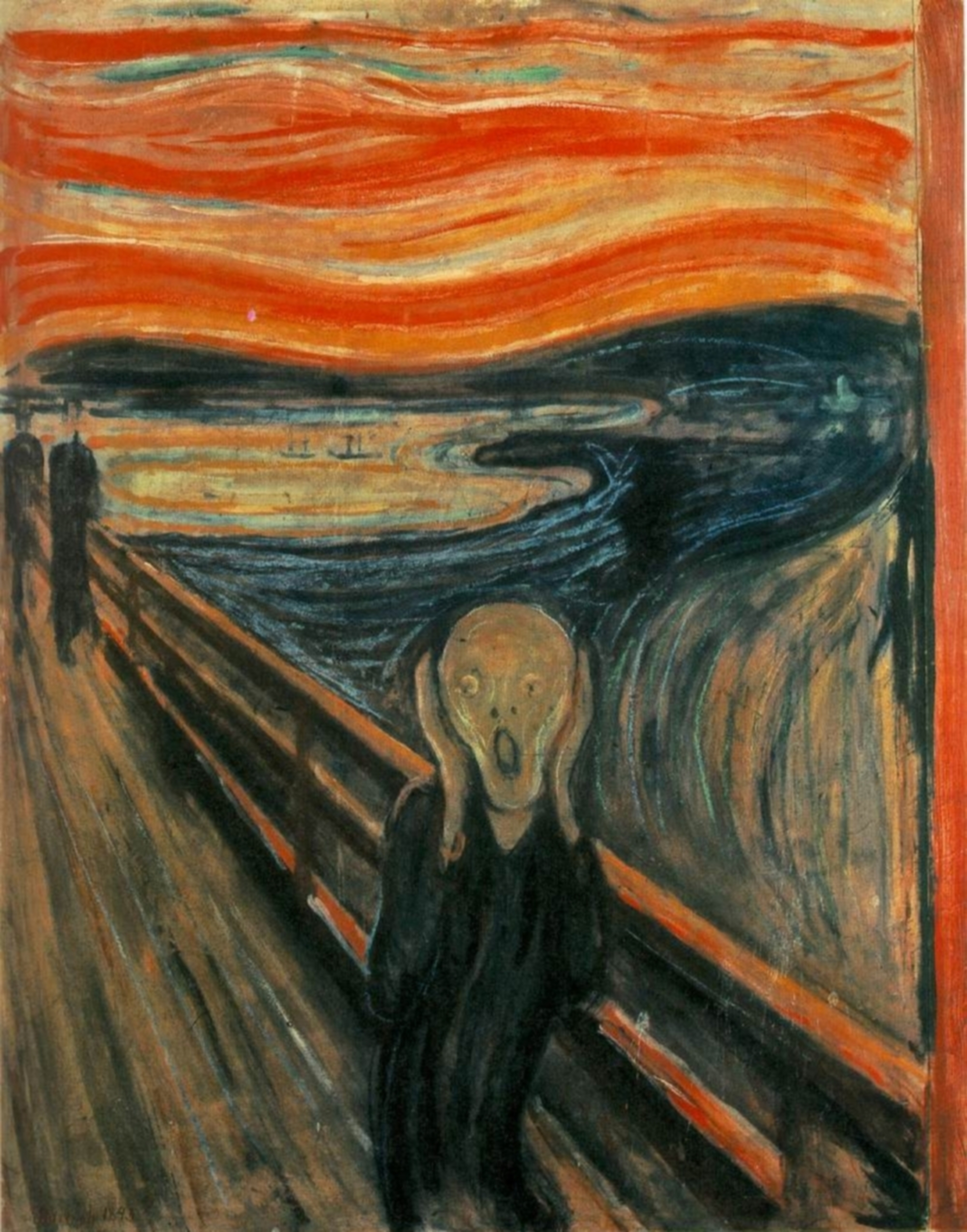 The Scream by Edvard Munch, 1893: a haunting figure on a bridge against a swirling orange sky, hands clasped to its face mid-scream